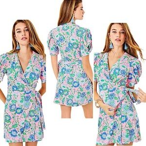 Lilly Pulitzer Sailynn Wrap Skort Romper Rumor Has It Floral Puff Sleeve Pink S